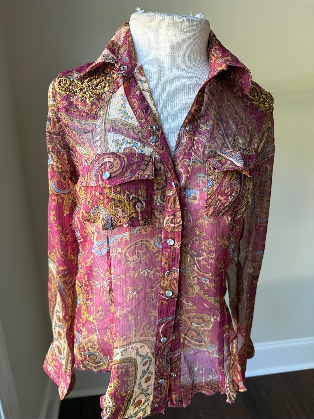 Paisley Sheer Button-Down Blouse in Burgundy with Gold Accents